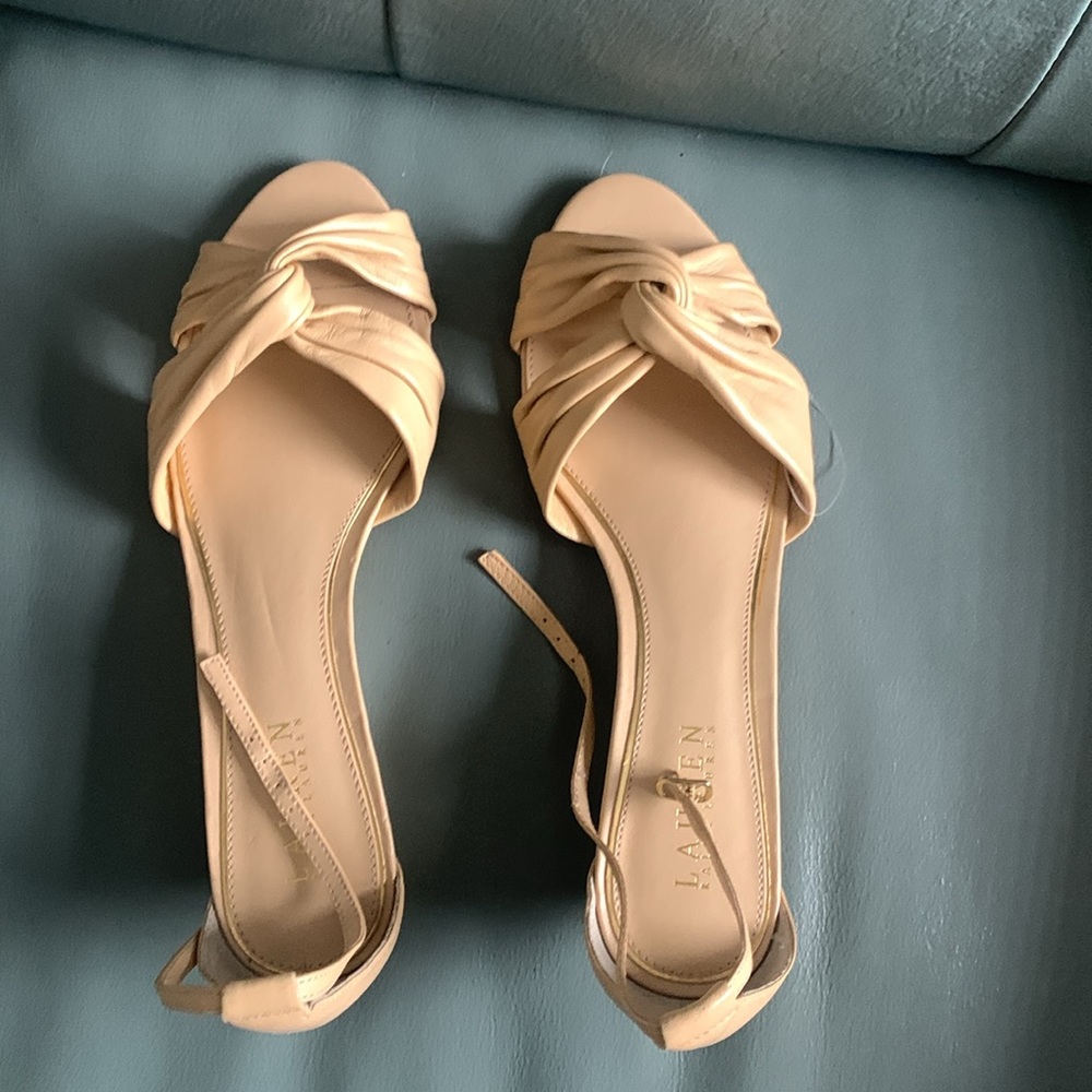 NWOT Lauren RL Mireya Leather Low Wedge Neutral SandalL - Picture 7 of 9